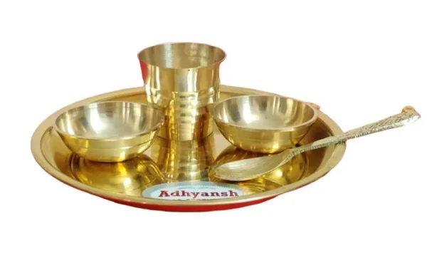 Pure Brass Laddu Gopal Ji Bhog Thali Set with 2 Katori Glass Spoon for Temple